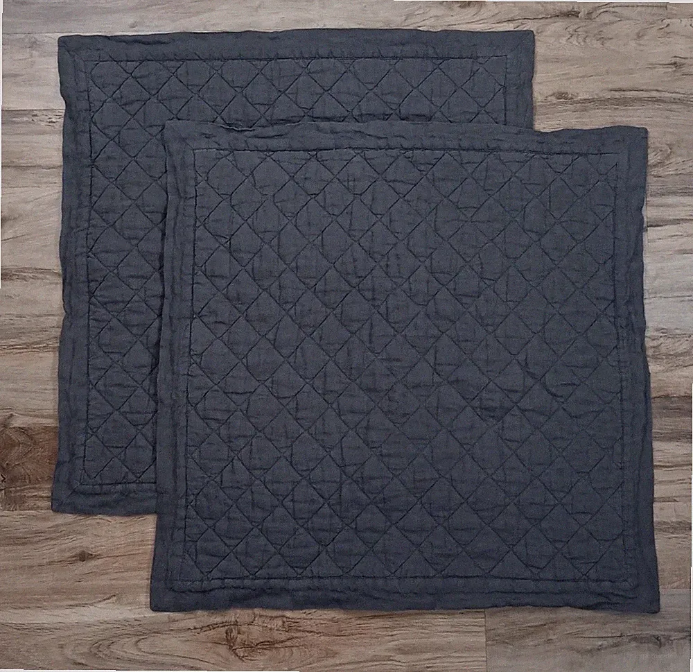 2 Pottery Barn Diamond Quilted Linen Euro Shams Charcoal Gray 26" Square Bedding