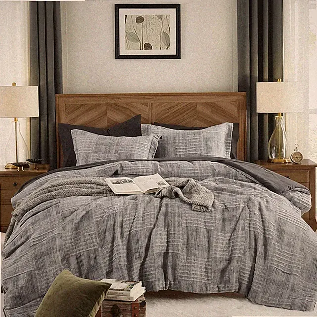 Charcoal Grey King Comforter Set, Textured Design Grey Crinkle Bed in a Bag King