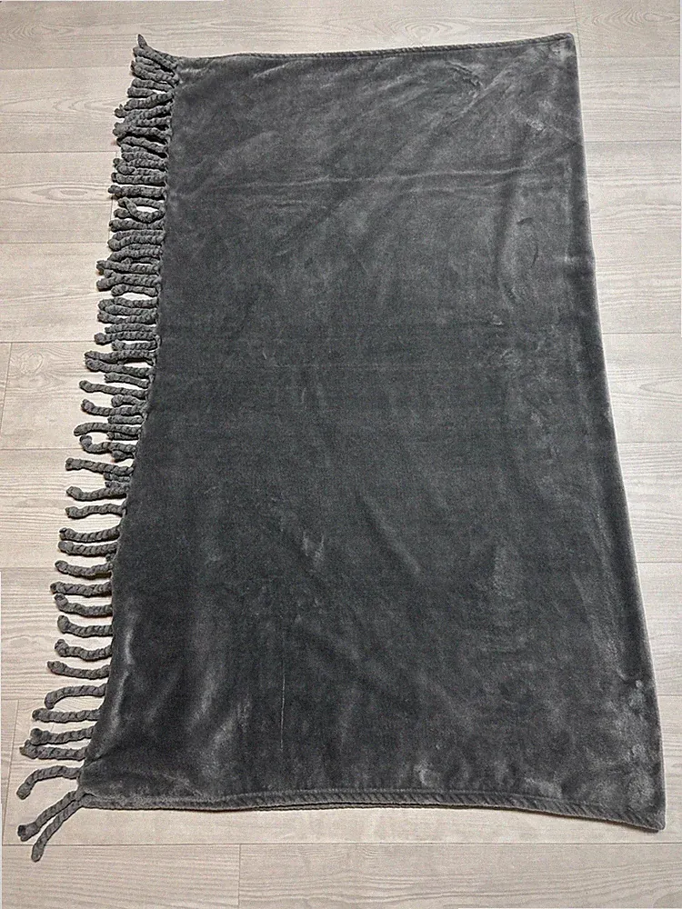 NORDSTROM Bliss Charcoal Grey Gray Velour FLEECE Fringe THROW 60” x 54” BLANKET