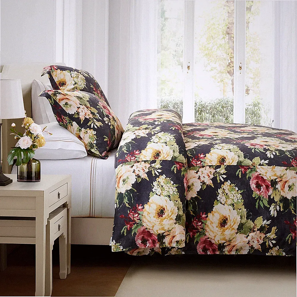 Peony Washed Linen Charcoal Floral King 3 Pc Comforter Bedding Set
