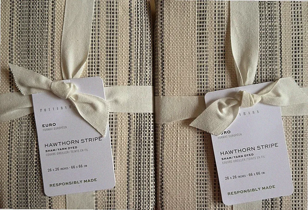 Set of (2) Pottery Barn Hawthorn Striped EURO Shams - Charcoal Gray - New