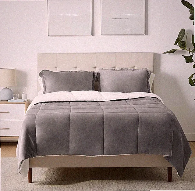 Ultra-Soft Micromink Sherpa Comforter Bed 3 Piece Set - Charcoal, Full/Queen